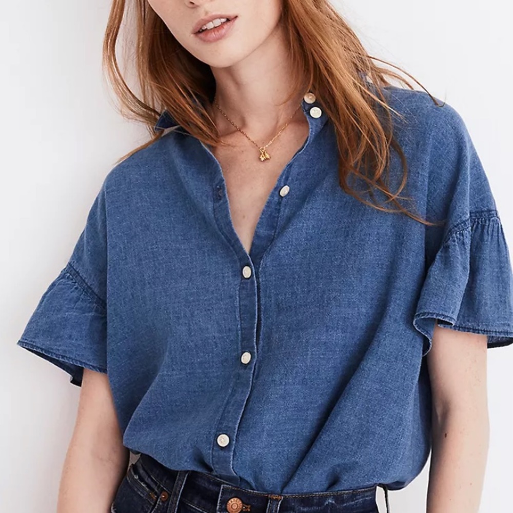 Madewell Central Ruffle-Sleeve Shirt in Indigo